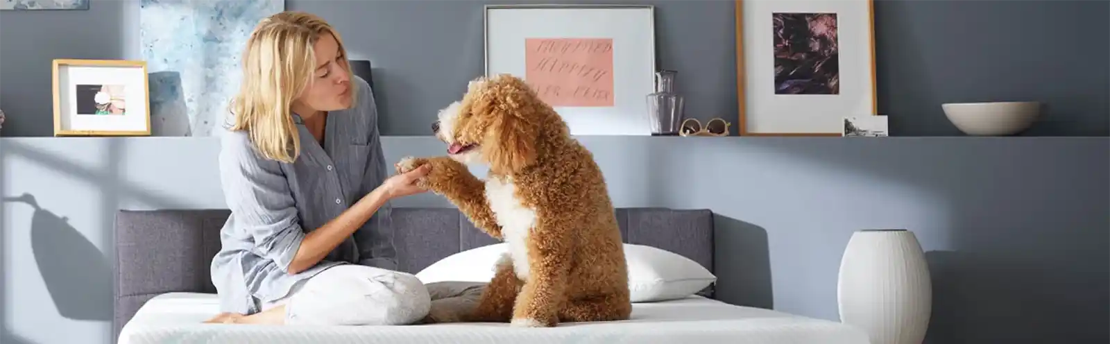 tempur-pedic featured woman and dog on bed